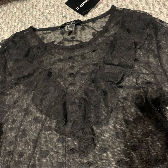 Swiss dot sheer mesh ruffle trim long sleeve top NWT - Picture 2 of 4